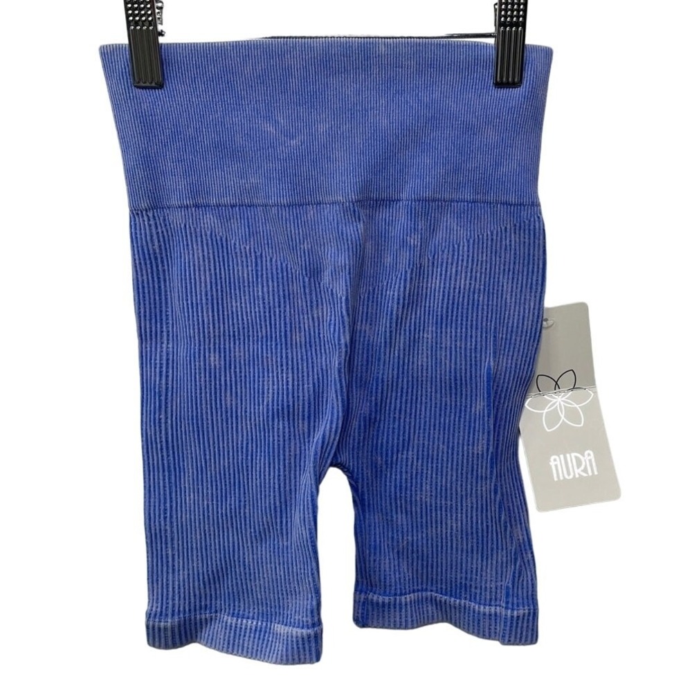 Aura Blue Athleisure Ribbed‎ High Waisted Biker Shorts XXS XS SAWS910-W New